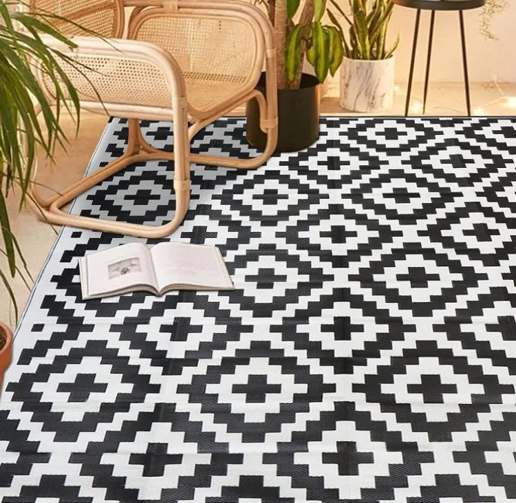Reversible Waterproof Picnic Blanket, Rectangular Outdoor Rug, Geometric Pattern, Soft Polypropylene Material