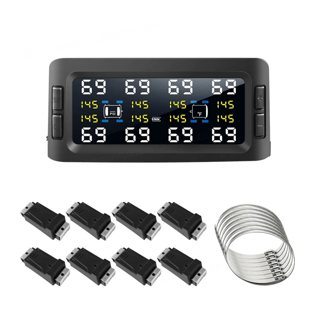 Digital Tire Pressure Monitoring System for 8-Wheel RV Trailer with Real-Time Air Leakage and High Temperature Alarm