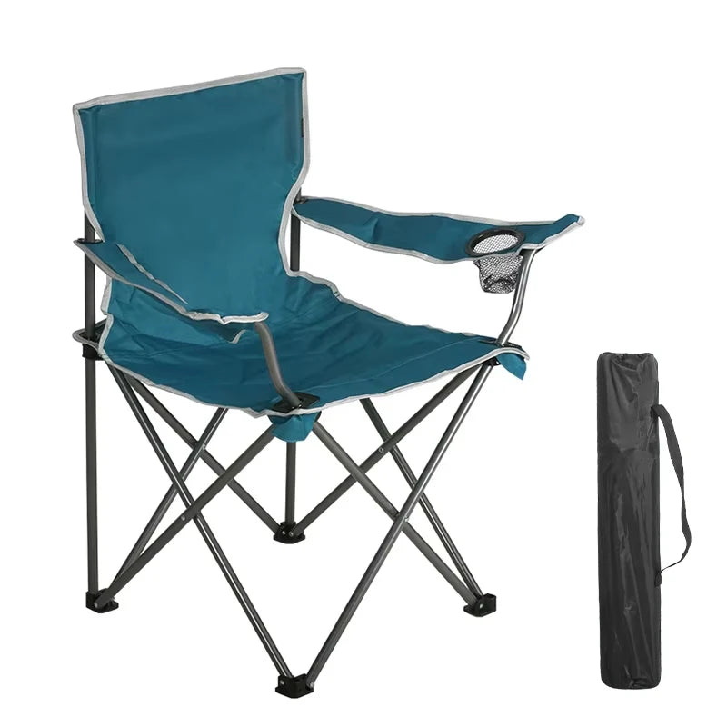 Folding Outdoor Metal Camping Chair with Cup Holder, Portable Picnic Chair, Steel Tube Leg, 600D Oxford Fabric, 200kg Capacity
