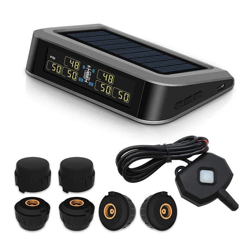 Wireless Tire Pressure Monitoring System with 6 External Sensors for RV and Trailer, Solar Powered, LCD Display