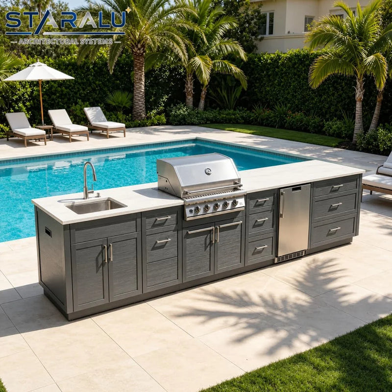 VTX-2888869 Stainless Steel Modular Outdoor Grill Island Built Gas Bbq Side Burner Griddle Sink Storage Prep Station Kitchen Home