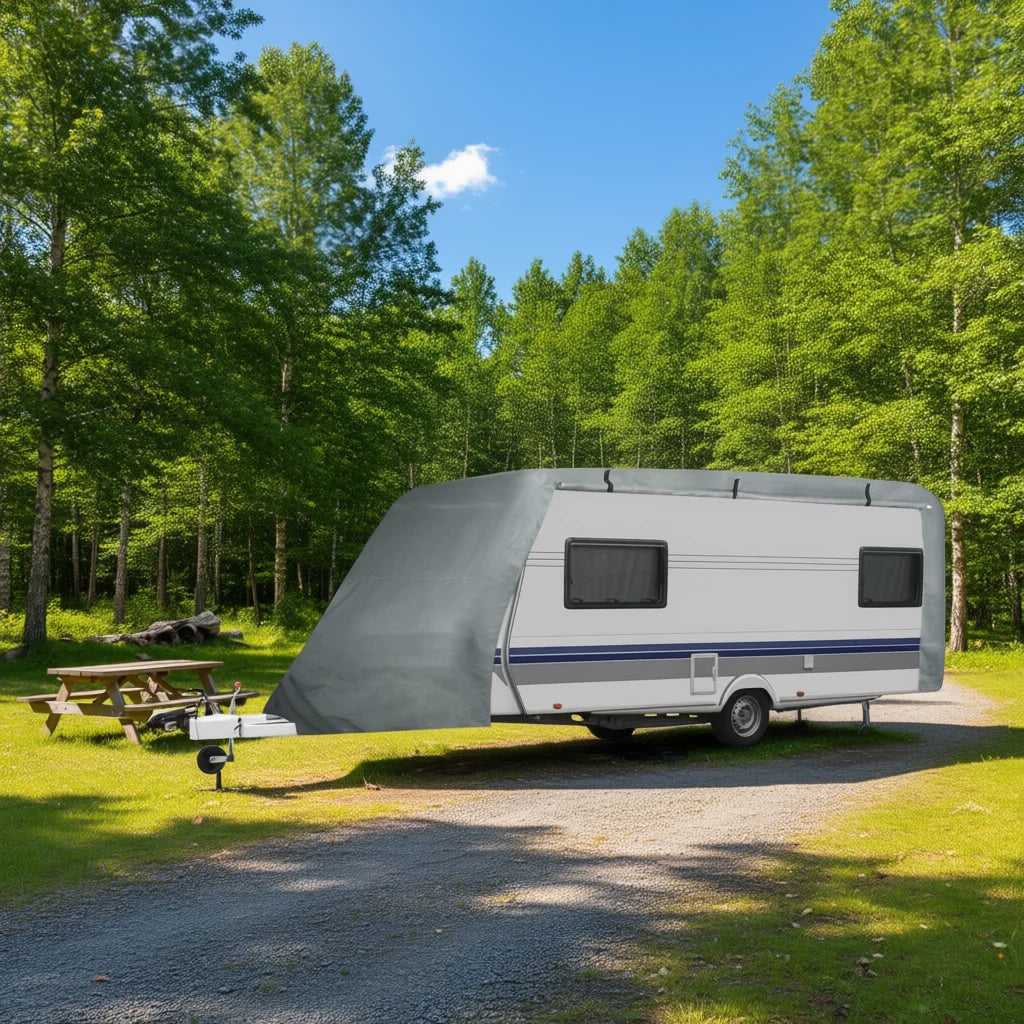 Gray Caravan Cover for RV Exterior, Waterproof Fabric, Side Mounted, Rectangle, Model D0100HEXCSY, Dimensions S 203.9" x 90.6" x 86.6