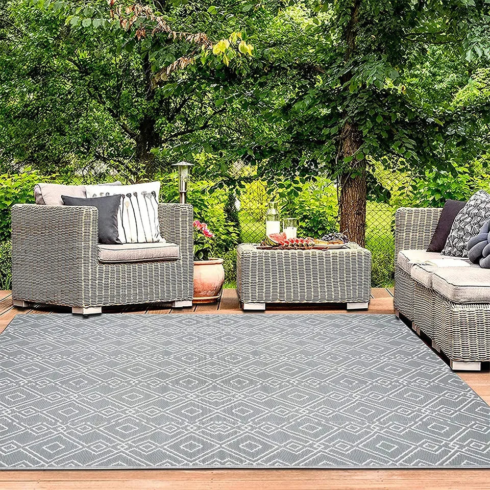 Outdoor Woven Mat, Rectangular, Washable, Stain Resistant, Non-Slip, Geometric Pattern, Polypropylene, Flat Pile