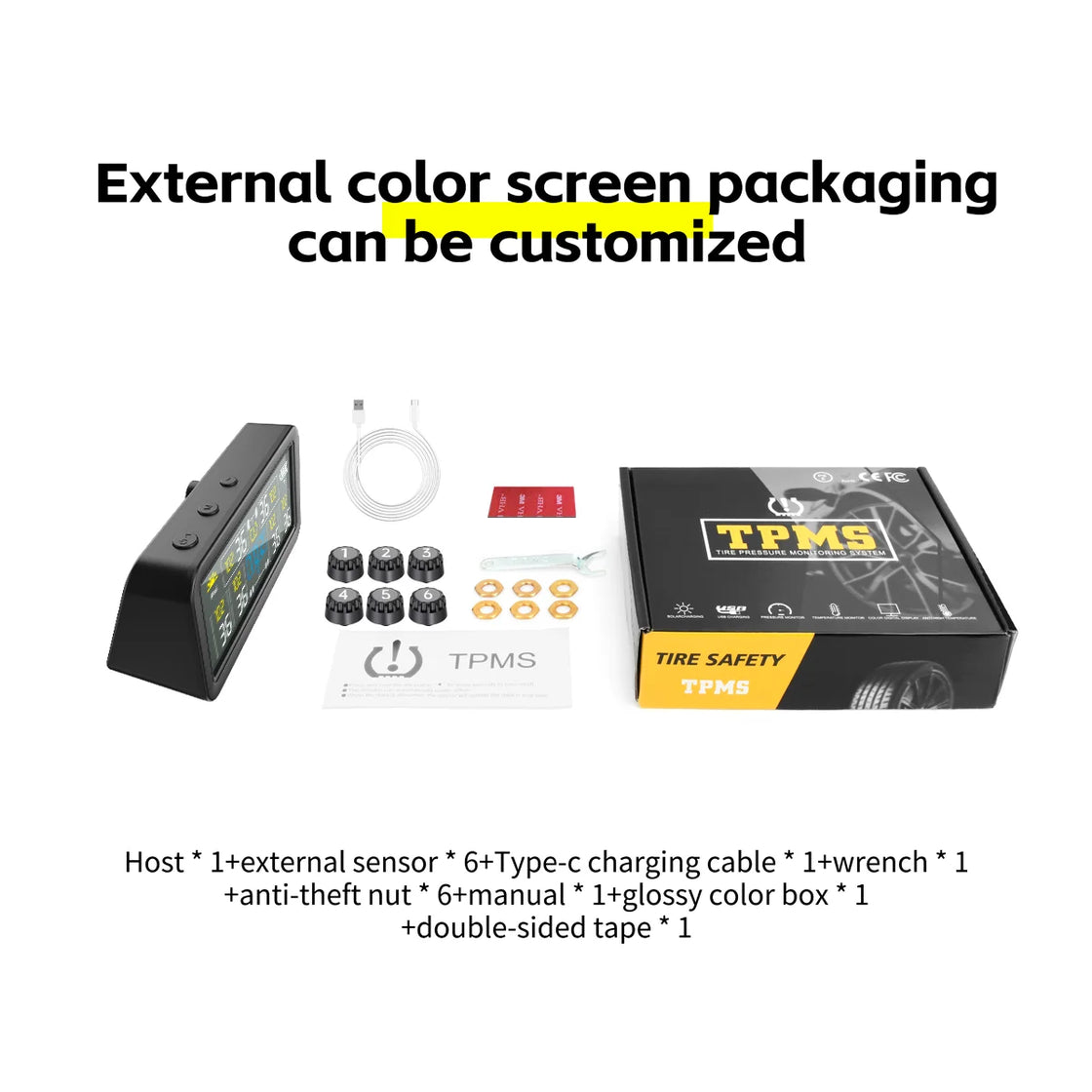 Solar Tire Pressure Monitoring System for RV Trailer with 6 External Sensors and 4" LCD Display