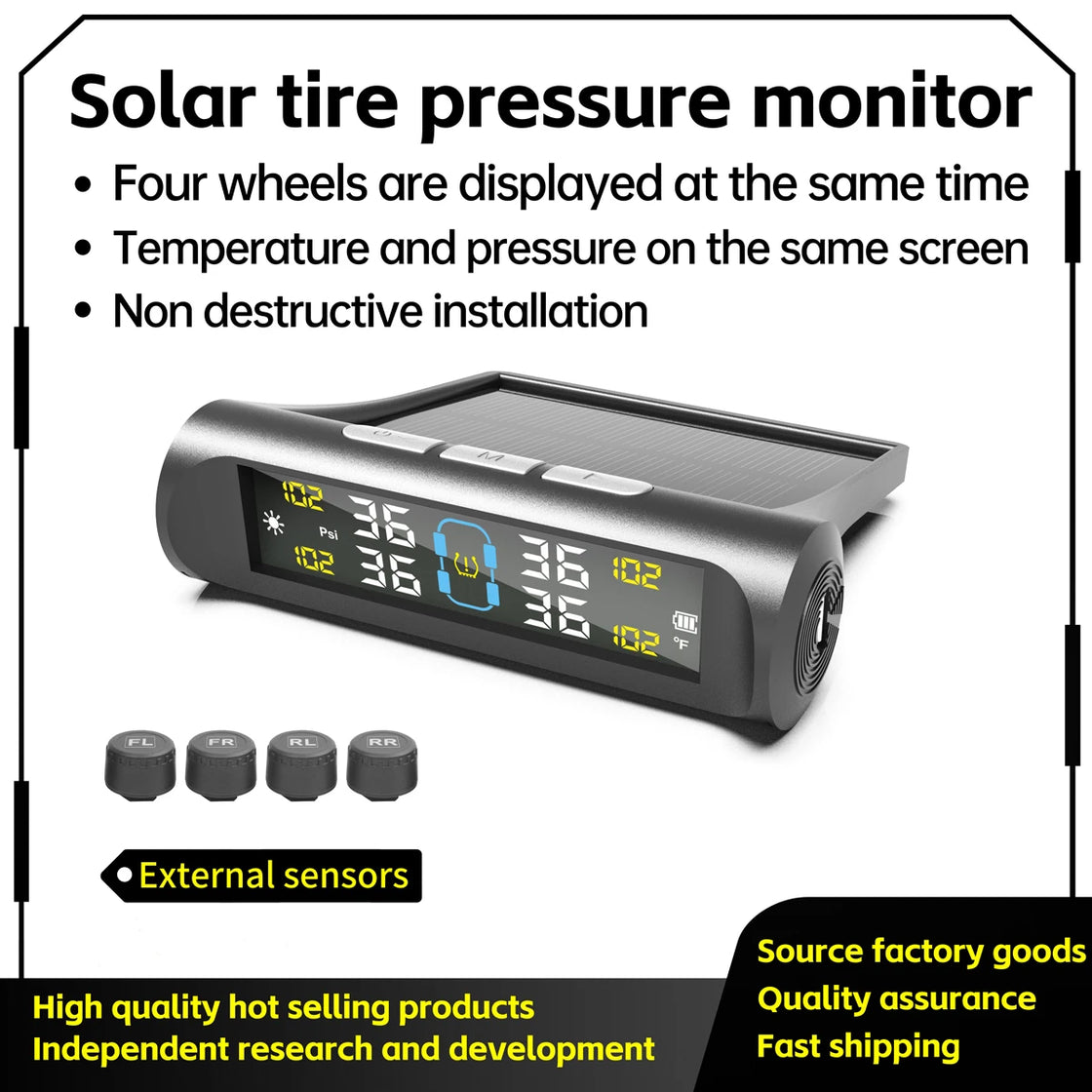 Digital Tire Pressure Monitoring System with 4 Solar-Powered Sensors for Universal Fit
