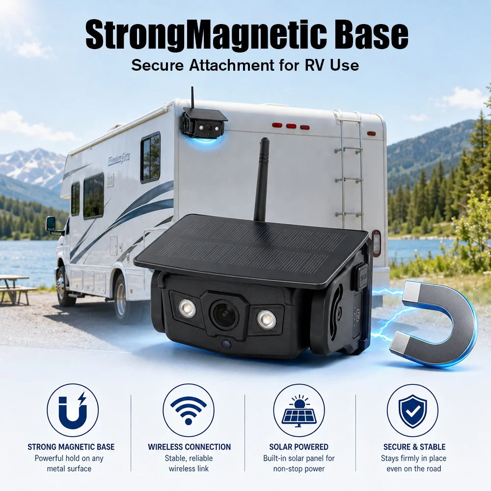 Wireless Solar Battery Outdoor Camera with Magnetic Base for Trucks, RVs, Trailers, and Campers - 1080P, Waterproof, 100M WiFi Transmission