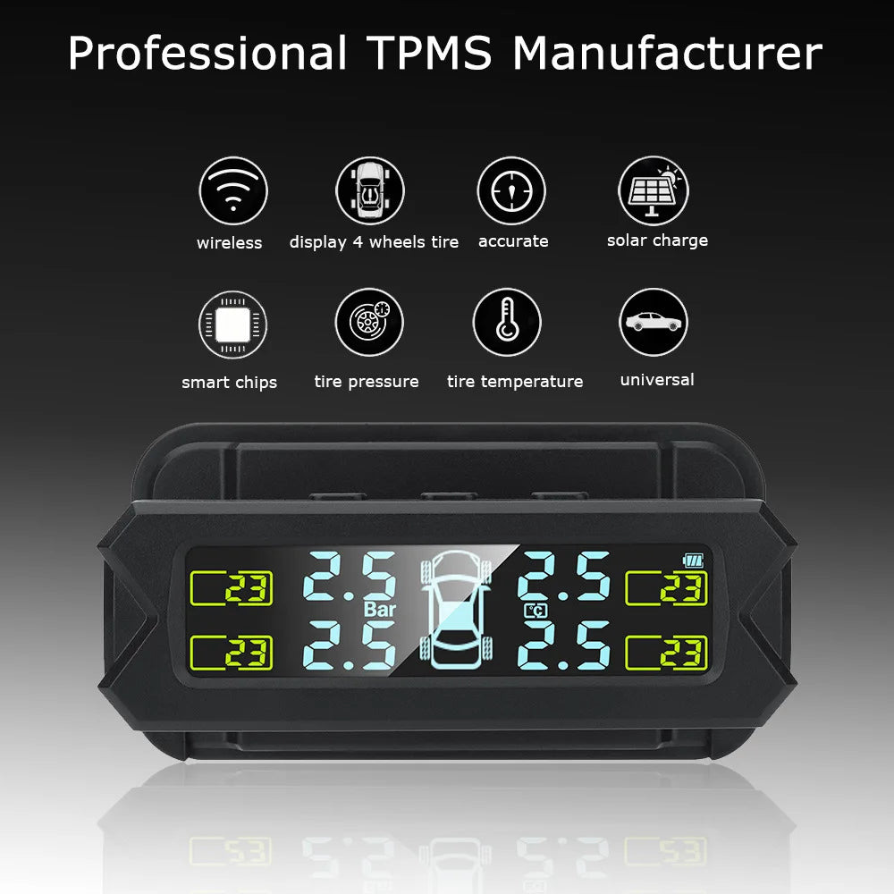 Solar USB Charging Tire Pressure Monitoring System with 4 External Sensors for Vehicles