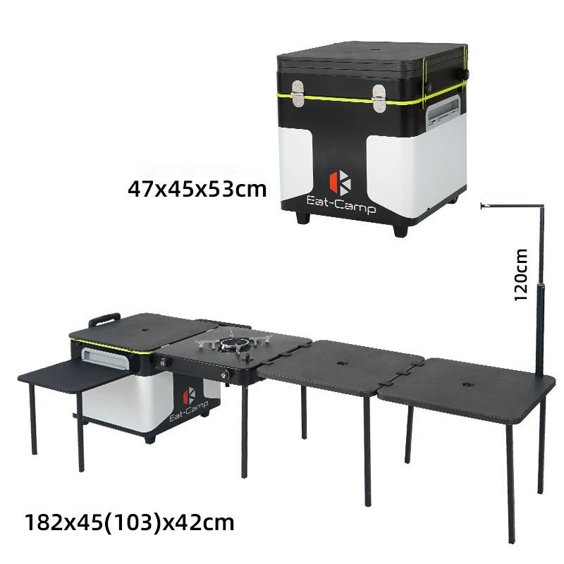 Portable Camping Kitchen Box, Foldable Mobile Picnic Table, Multifunctional Cooking Set, Steel and Aluminum, 180x103x42cm