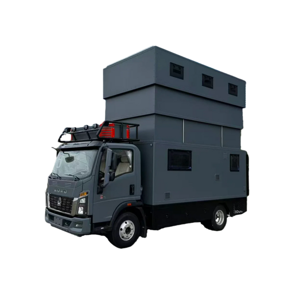 New HOWO Truck Camper Diesel Manual Euro 4 Emission Recreational Vehicle with Hydraulic Lift Roof and Solar Panel