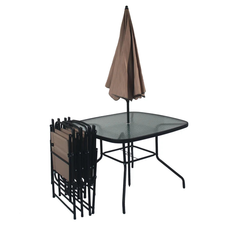 6-Piece Modern Outdoor Garden Furniture Set - Steel Frame Rattan Fabric Foldable Table and Chairs