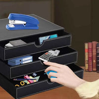 VTX-2709541 FOSKA Stackable Modular Storage Box Black Three Drawer Organizer Leather Accommodating Various Home Accessories