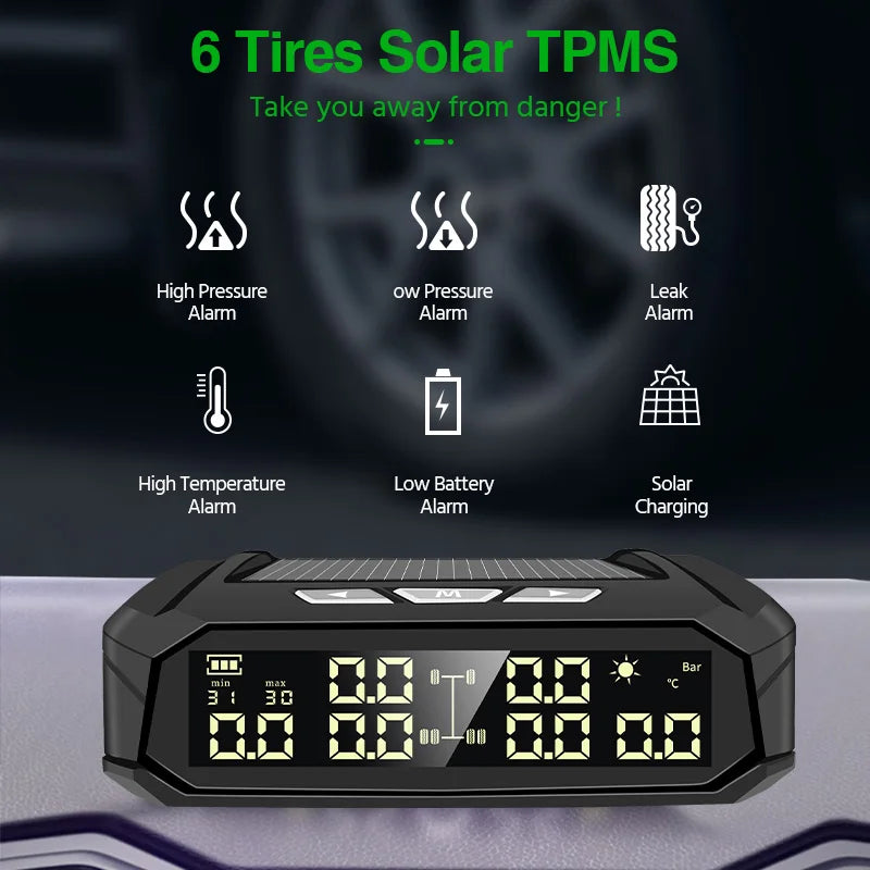 Solar Tire Pressure Monitoring System with 6 External Sensors and Digital LCD Display