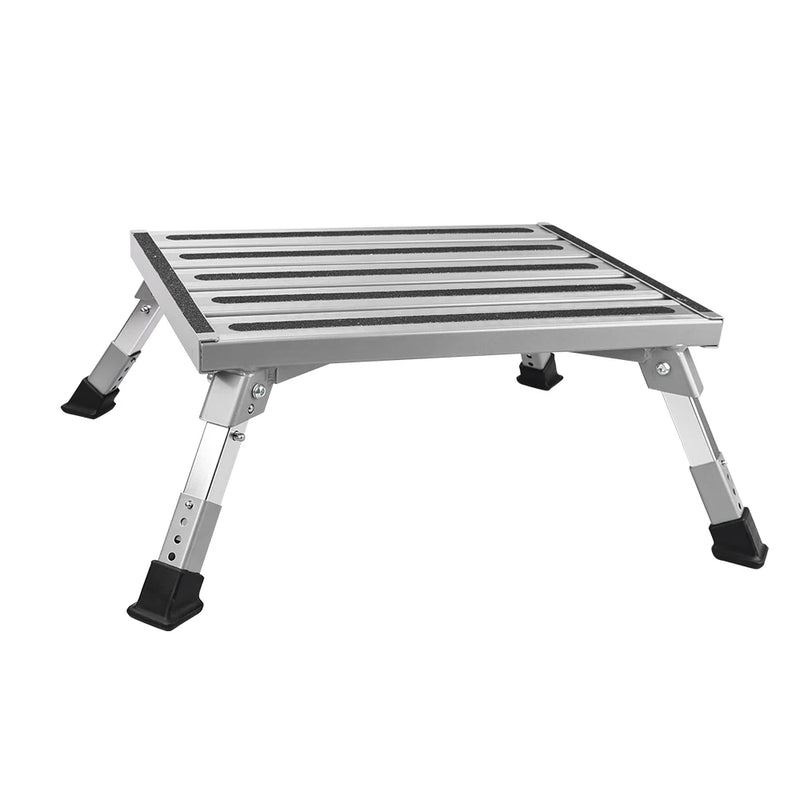 VTX-0890021 Aluminum RV Step Stool Adjustable Height Folding Platform Non-Slip Rubber Feet Supports up to 1500lbs Patio Garden