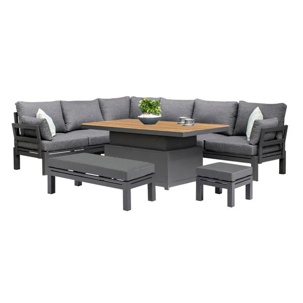 VTX-3347621 YASN Teak Table Modern 7 Piece Sofa Aluminum Patio Set Outdoor Furniture Contemporary Garden Living Room Balcony