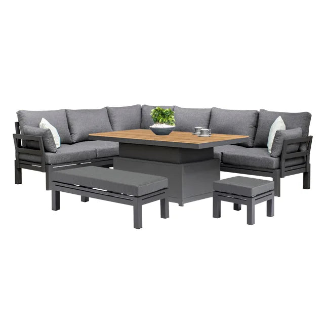 VTX-3347621 YASN Teak Table Modern 7 Piece Sofa Aluminum Patio Set Outdoor Furniture Contemporary Garden Living Room Balcony