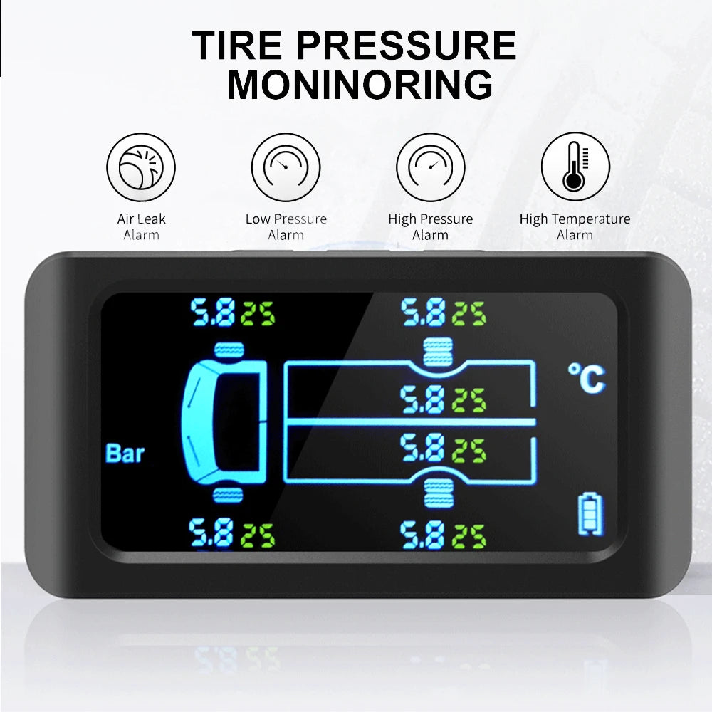 Solar Tire Pressure Monitoring System with 6 Sensors for 6-Wheel Vehicles, Digital LCD Display, IP67 Waterproof, Real-Time Monitoring