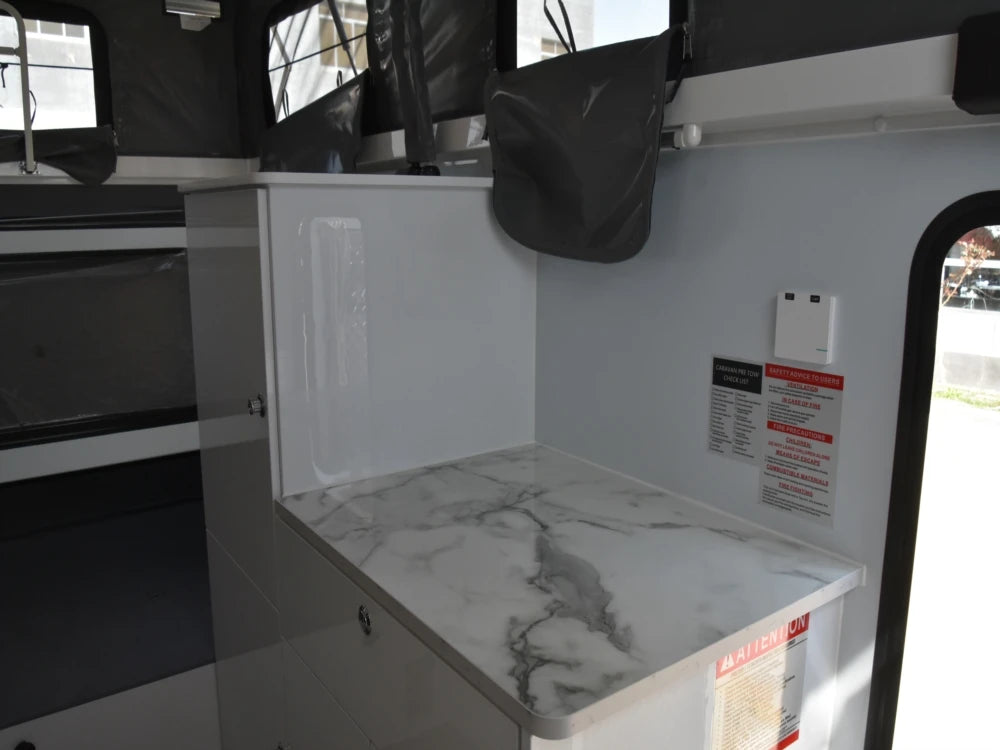 Custom Flat Bed Pop-up Slide Truck Camper, Off-road Caravan, White, 5300mm x 2250mm x 3100mm, Fiberglass Floor, Independent Suspension, 800 Max Payload