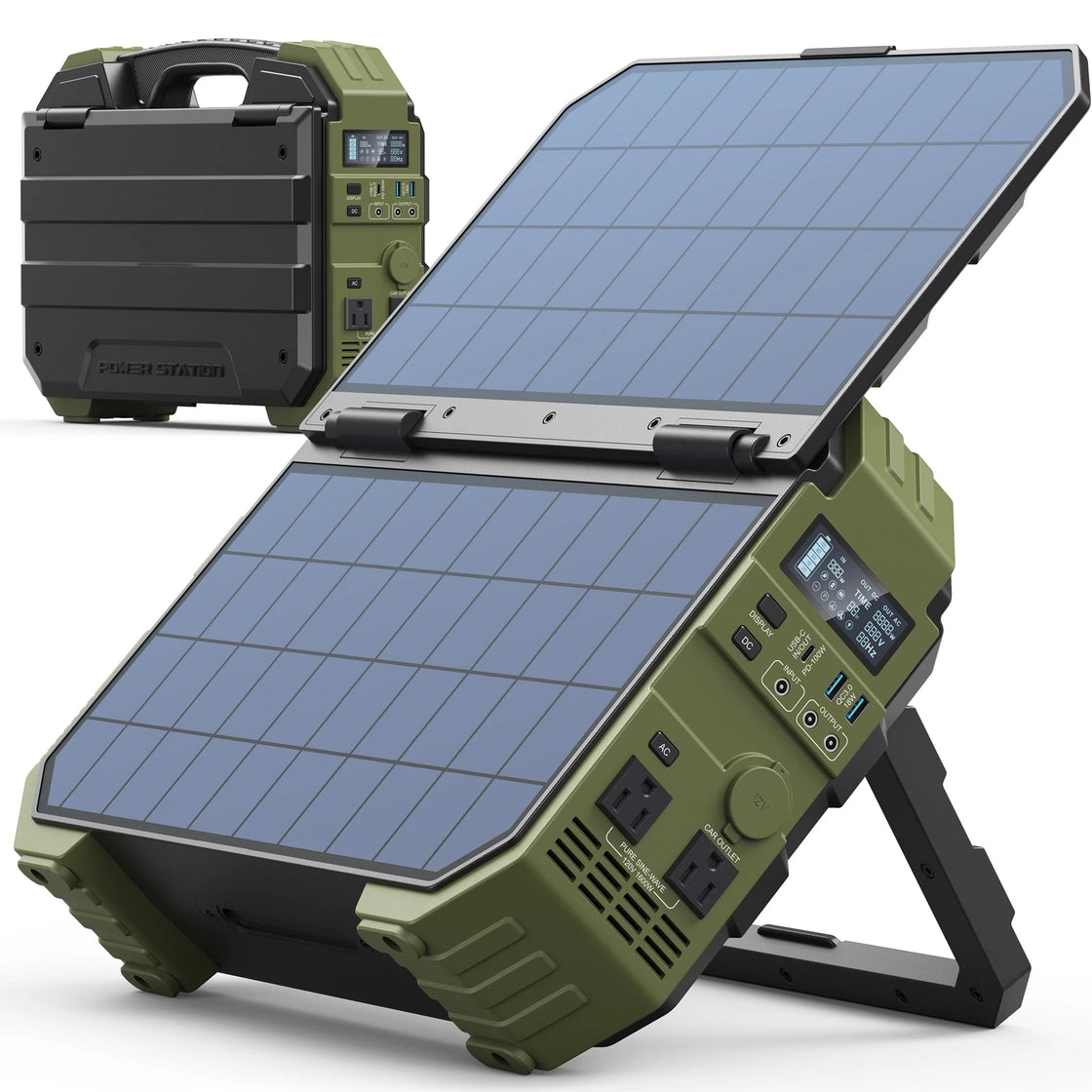 1600W Solar Generator Power Station with Built-in Solar Panel, AC/DC/USB Outputs, IP55 Waterproof, Green