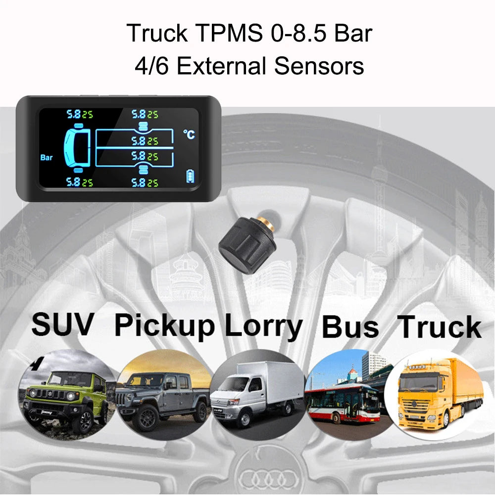Solar Tire Pressure Monitoring System with 6 Sensors for 6-Wheel Vehicles, Digital LCD Display, IP67 Waterproof, Real-Time Monitoring