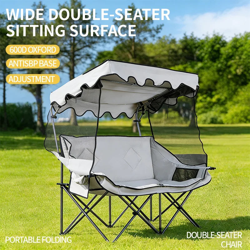 Outdoor Folding Chair with Integrated Awning Canopy and Double Backrest for Camping, Beach, and Fishing
