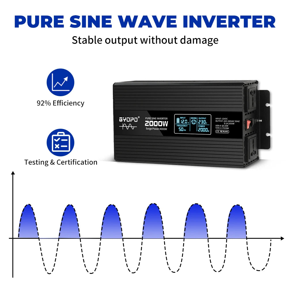 2000 Watts DC/AC Inverter with LCD Remote Control, Pure Sine Wave Output, Off-Grid, 4000W Peak Power, Black, 1 Year Warranty