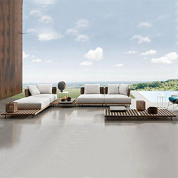 VTX-3085477 Italian Garden Outdoor Furniture Stainless Steel Legs Arms Handcrafted Teak Wooden Sofa Sets Fabric Modern Patio
