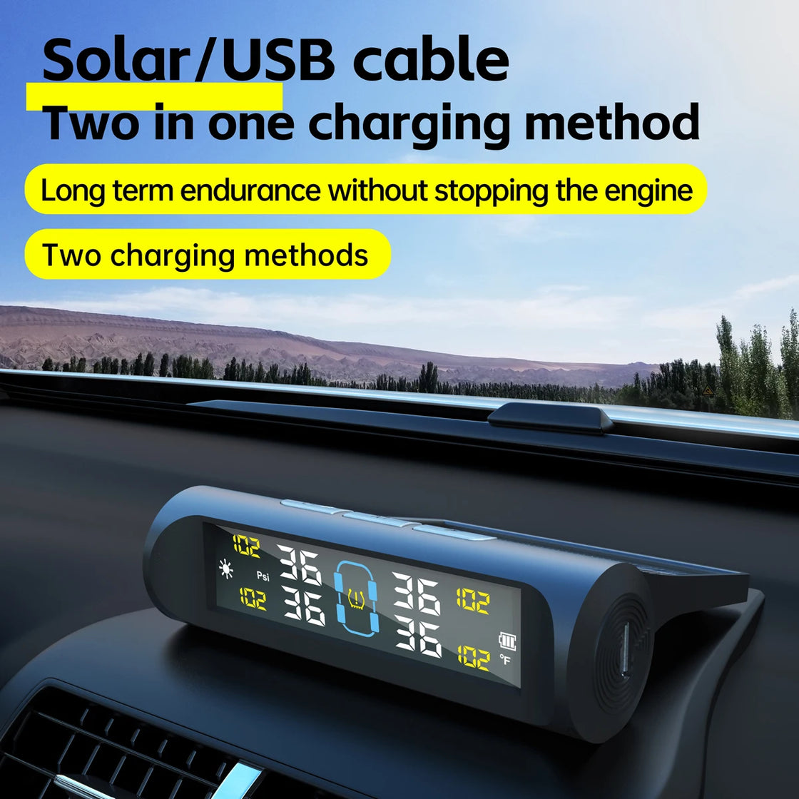 Digital Tire Pressure Monitoring System with 4 Solar-Powered Sensors for Universal Fit