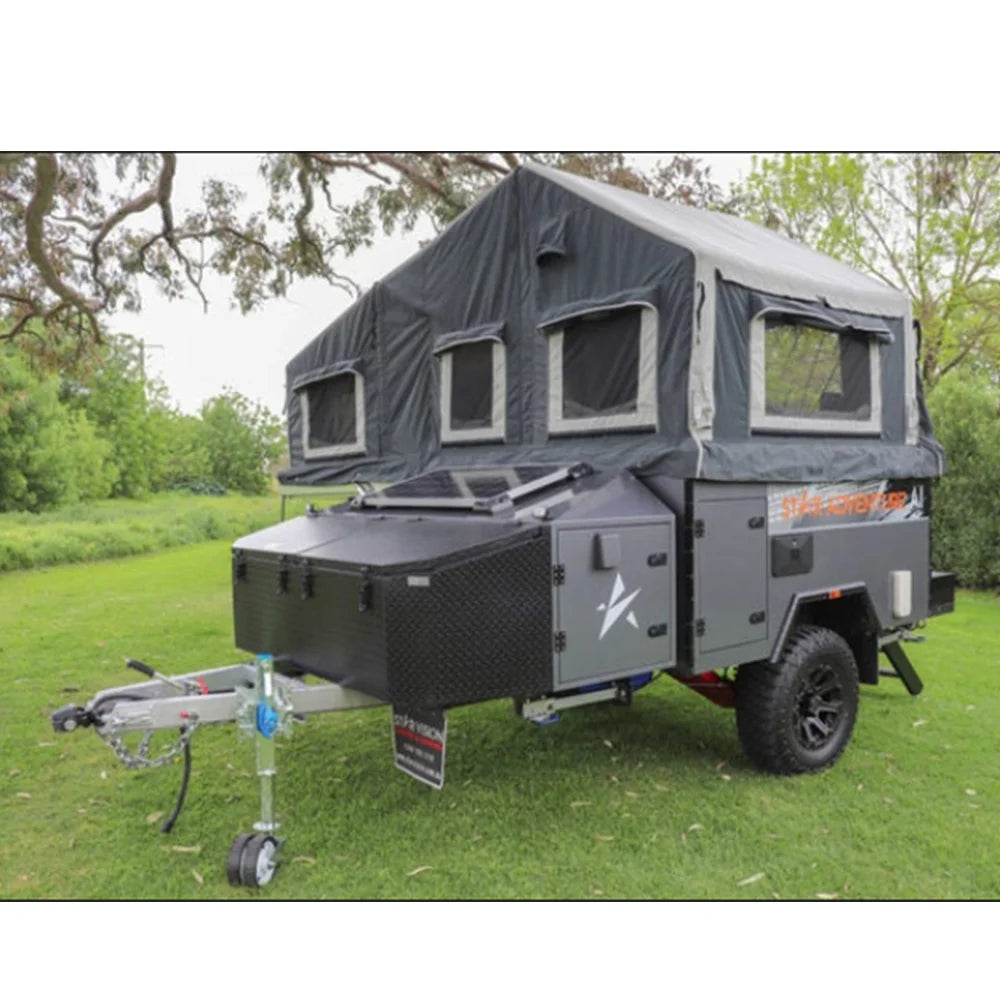 Expedition Camper Trailer with Solar Panel and Water Tank System, 13-21 Feet, Gray, 2-Person Capacity