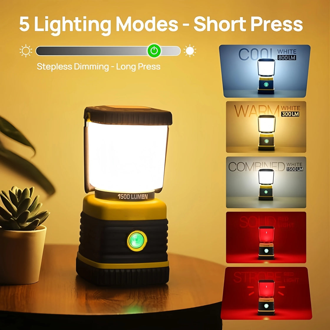 LED Camping Lantern, USB-C Rechargeable, 1500LM, 5 Light Modes, 100H Runtime, IP44, Dimmable, 4100K