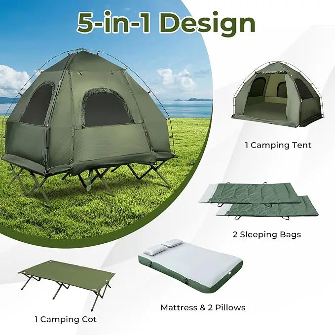 5 in 1 Elevated Camping Tent Cot with Air Mattress and Sleeping Bag, Waterproof, Portable, 77x57x74 inch