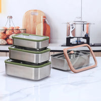 VTX-8923941 Microwavable Stainless Steel Food Storage Containers Tempered Glass Lid Air Release Hole Leakproof Meal Prep Bento Box