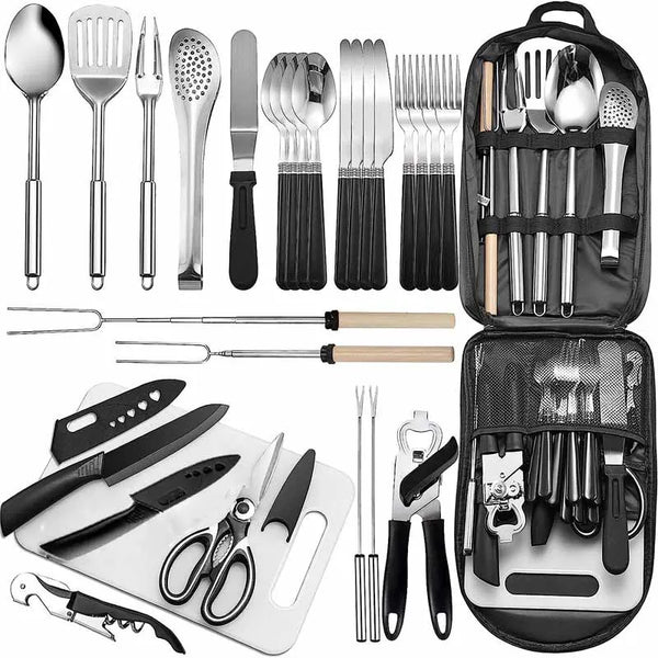 VTX-1693733 Stainless Steel Outdoor Camping Cooking Grilling Tableware Kitchen Utensil Set 27 Piece Cookware Kit Organizer Travel