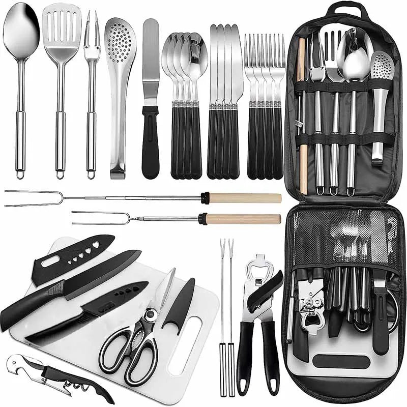 VTX-1693733 Stainless Steel Outdoor Camping Cooking Grilling Tableware Kitchen Utensil Set 27 Piece Cookware Kit Organizer Travel