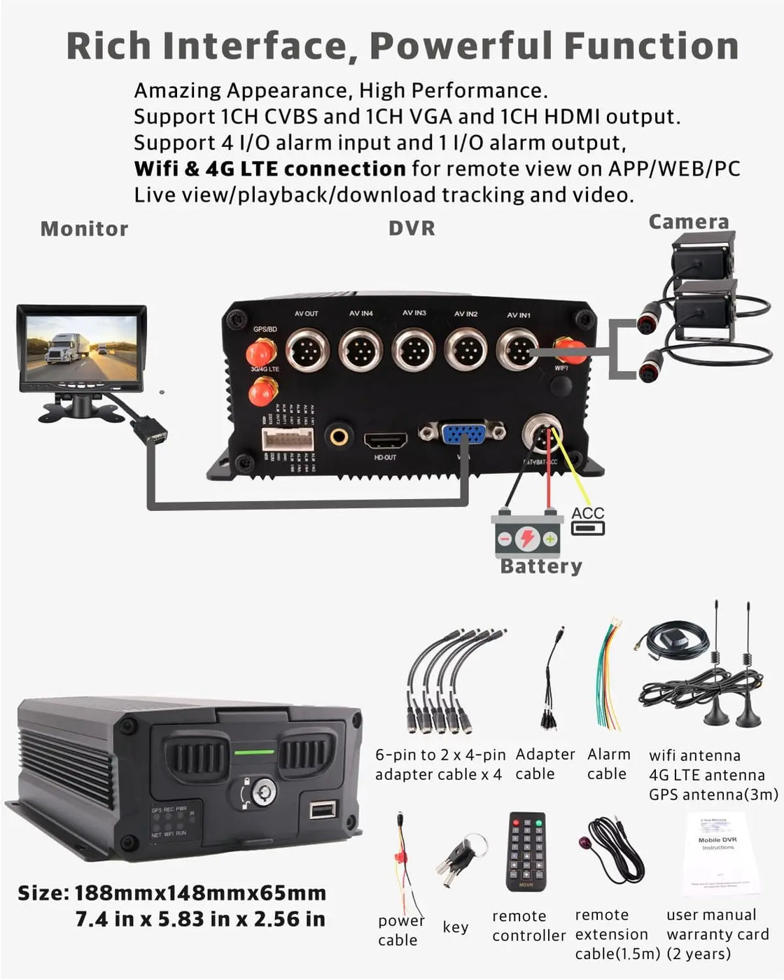8-Channel Mobile DVR Backup Camera System with 1080P AHD Remote Monitor for Vehicles, Waterproof Cameras