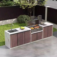 VTX-2757797 Modern Outdoor Kitchen Workstation Villa Featuring Slate BBQ Island Garden Prep Sink & Aluminum Alloy Beverage Center