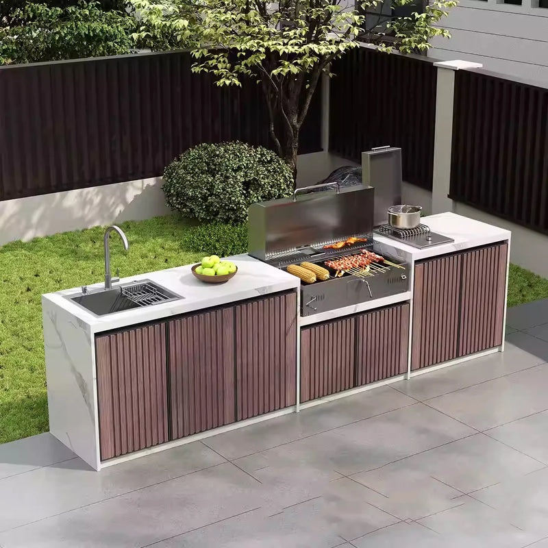 VTX-2757797 Modern Outdoor Kitchen Workstation Villa Featuring Slate BBQ Island Garden Prep Sink & Aluminum Alloy Beverage Center