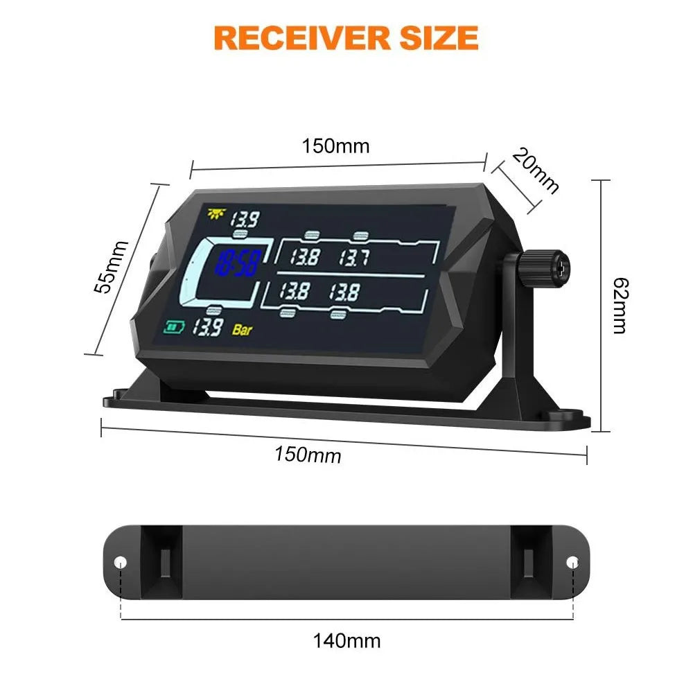 Heavy Duty 12-Wheel Tire Pressure Monitoring System for Truck and RV, Model FGS-20, 433.92MHz, LCD Display, Real-Time Monitoring