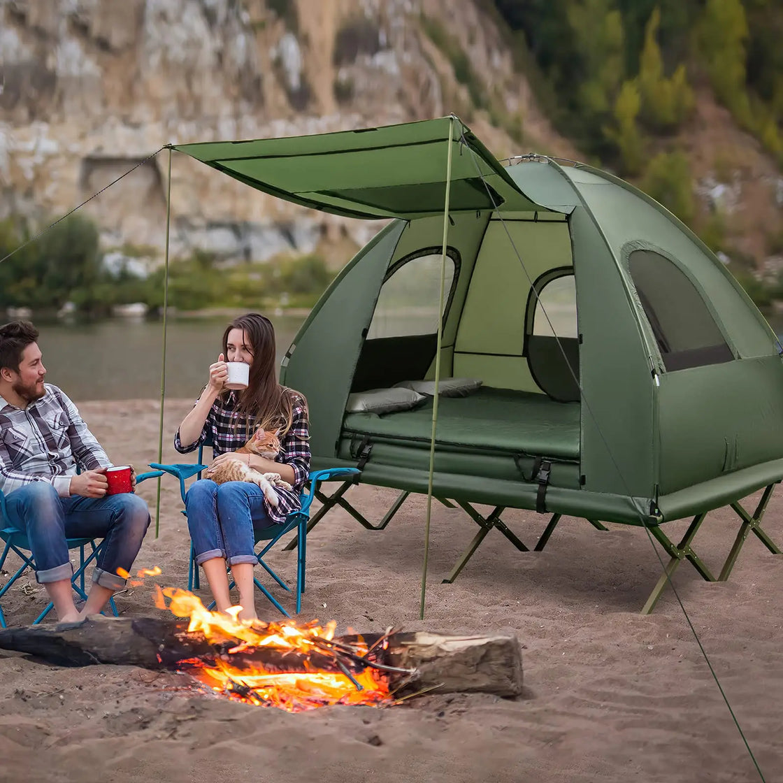 2-3 Person Portable Elevated Camping Tent with Foldable Bed, Waterproof Oxford Fabric, Quick Automatic Opening, 240x240x155cm
