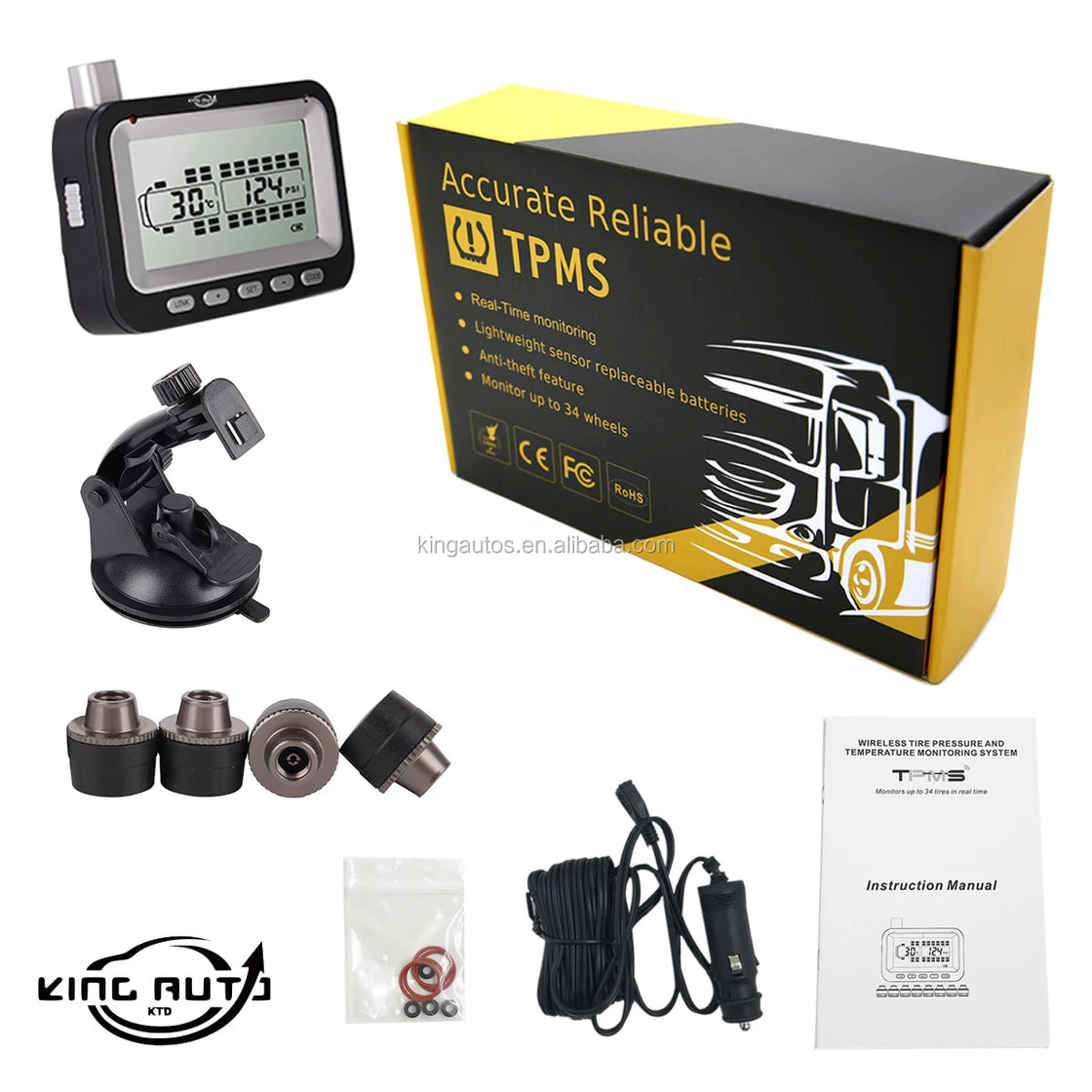 Digital Wireless Tire Pressure Monitoring System with 4 Sensors, LCD Display, Multi-Alarm Support, CE Certified