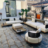 VTX-3085477 Italian Garden Outdoor Furniture Stainless Steel Legs Arms Handcrafted Teak Wooden Sofa Sets Fabric Modern Patio