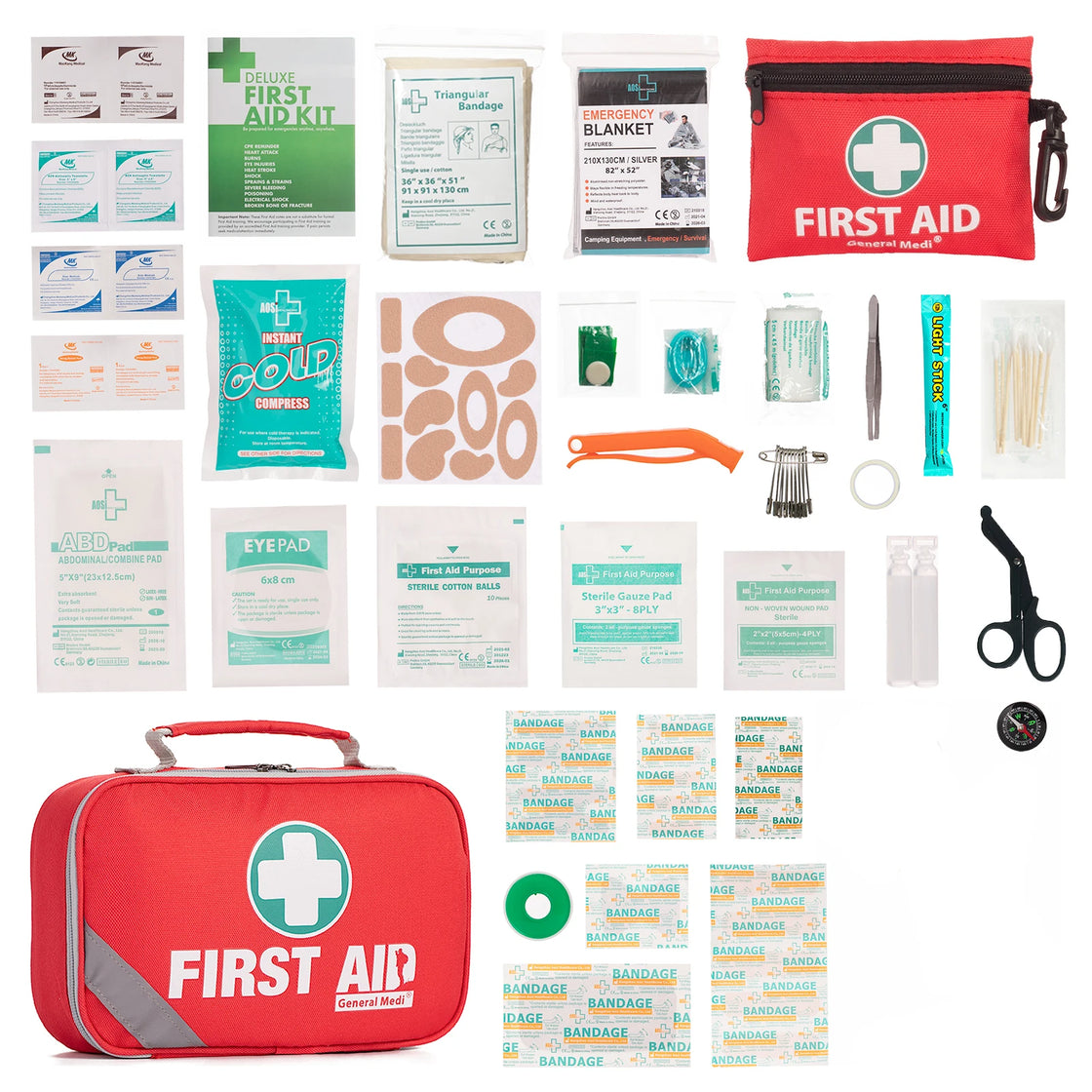 258 Piece First Aid Kit Red for Travel, Vehicle, Outdoor, and Camping Emergency Care