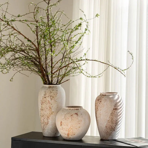 VTX-7317029 Large Ceramic Vase Set 3 Flower Pot Brown Vintage Porcelain Table Vases Homestay Rural Country Centerpiece Rustic