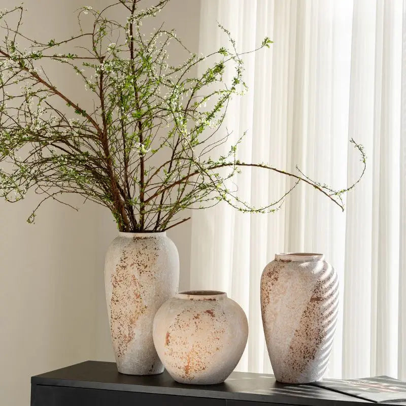 Large Ceramic Vase Set of 3 Flower Pot Brown Vintage Porcela
