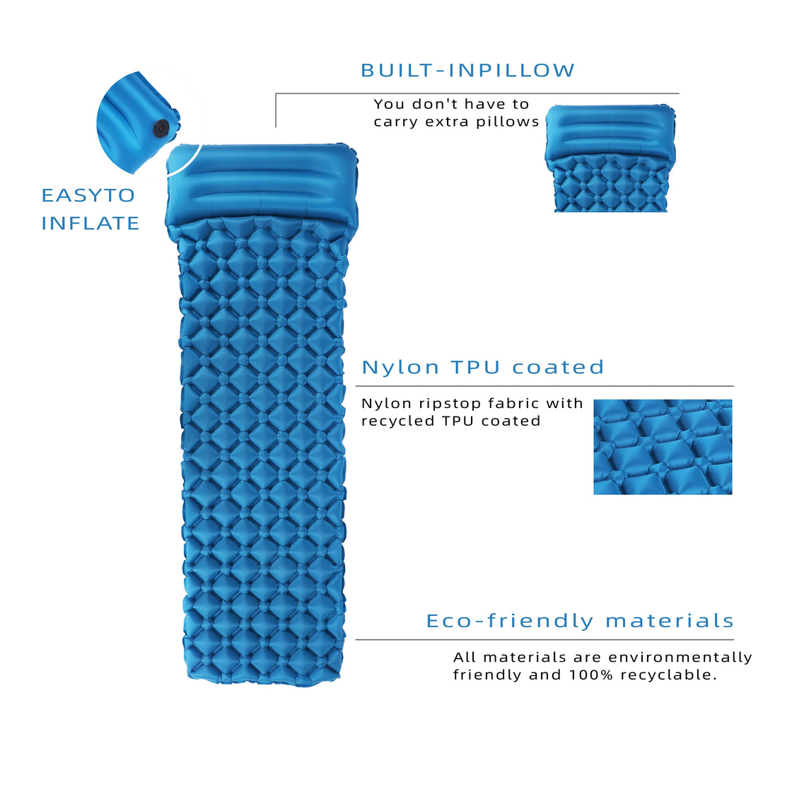Ultralight Inflatable Sleeping Pad Self-Inflating Mattress for Camping and Hiking, Nylon TPU Coated, 183x65x5.5cm