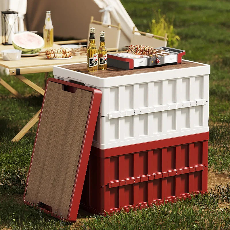 Collapsible Plastic Storage Crate for Camping and Grocery Use, Red, Multi-Functional Utility Case