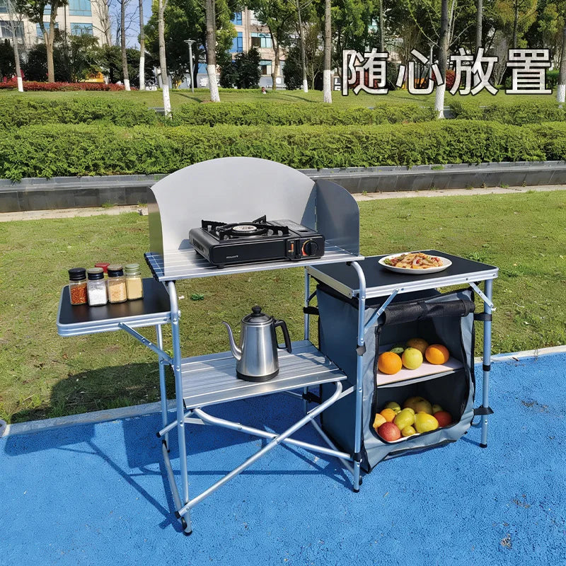 Foldable Aluminum Camping Kitchen Table with Storage Bag, Portable Outdoor Cooking Cupboard