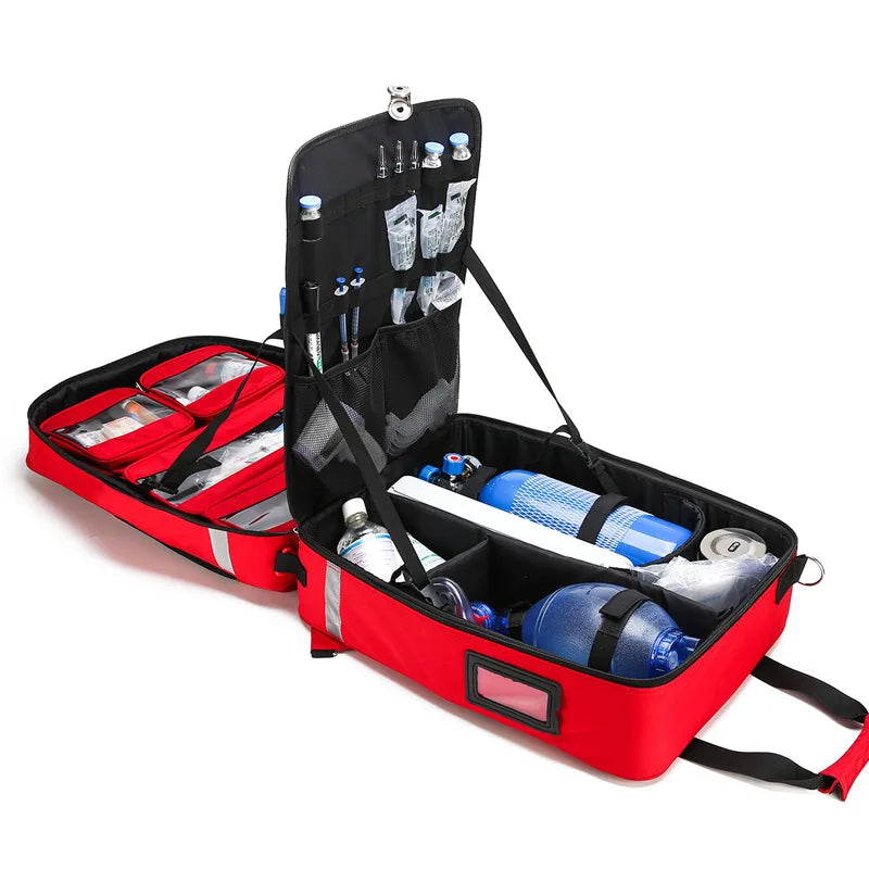 Large Emergency Trauma First Aid Kit, Manual, Nylon Plastic, 51x35x21cm, Red or Blue, Suitable for Camping, School, Family, and Sports Events