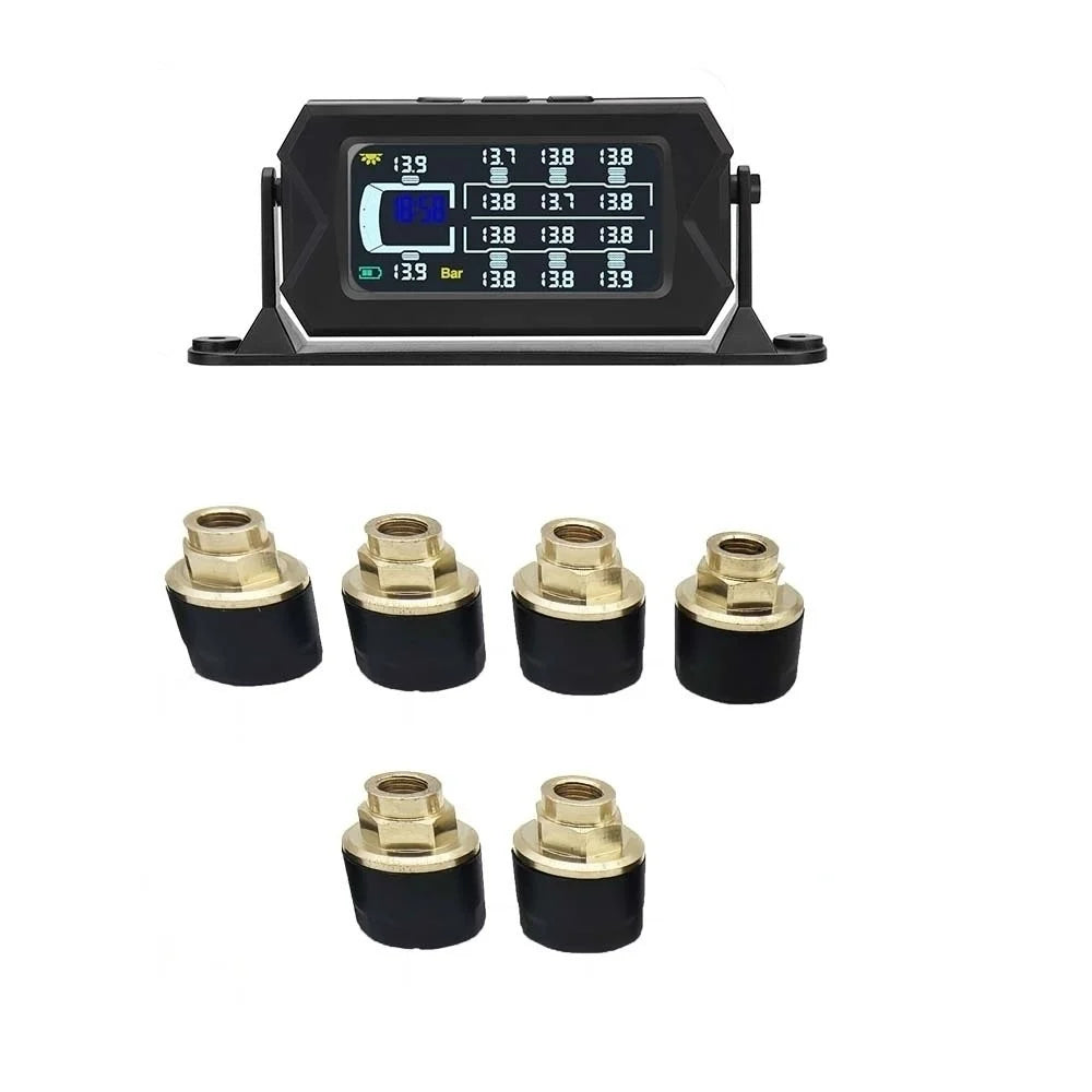 Wireless Solar Powered Tire Pressure Monitor for 6 Wheels, External Sensors, LCD Display, Compatible with Heavy-Duty Trucks and RVs