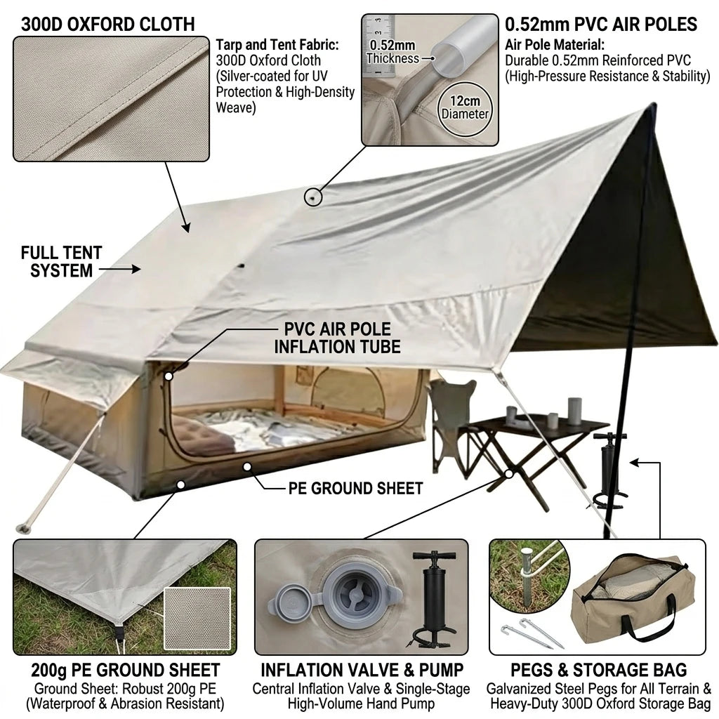 Inflatable Camping Tent 6.3 Square Meters with Sun Canopy for 2-3 Persons, Waterproof, Automatic Opening, Lightweight, Portable