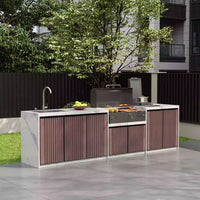 VTX-2757797 Modern Outdoor Kitchen Workstation Villa Featuring Slate BBQ Island Garden Prep Sink & Aluminum Alloy Beverage Center
